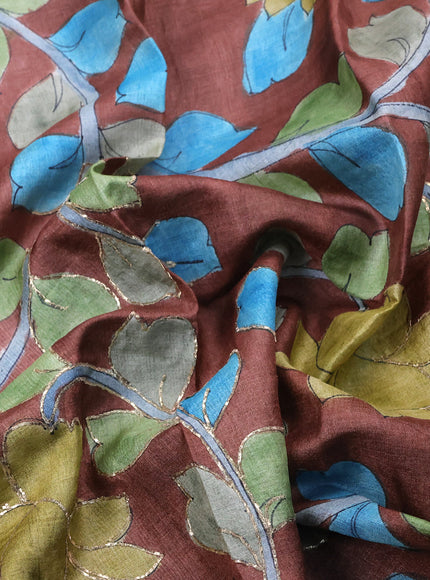 Tussar hand painted blouse bit brown with allover kalamkari prints & pita work