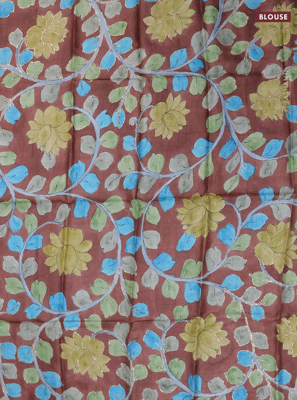 Tussar hand painted blouse bit brown with allover kalamkari prints & pita work