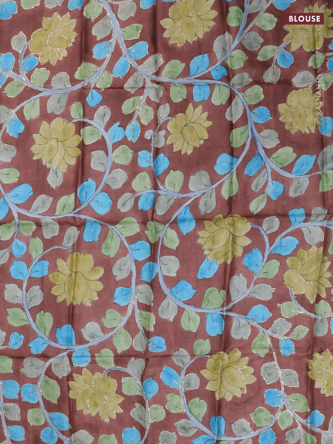 Tussar hand painted blouse bit brown with allover kalamkari prints & pita work