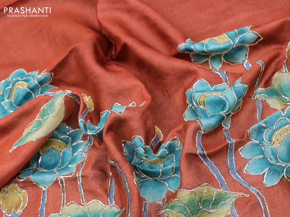 Tussar hand painted blouse bit rustic orange with allover kalamkari prints & pita work