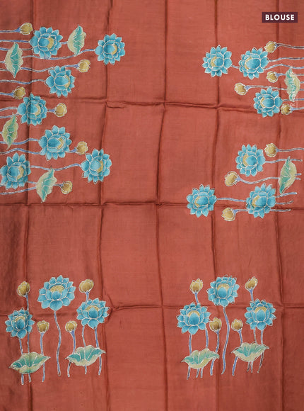 Tussar hand painted blouse bit rustic orange with allover kalamkari prints & pita work