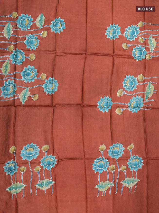 Tussar hand painted blouse bit rustic orange with allover kalamkari prints & pita work