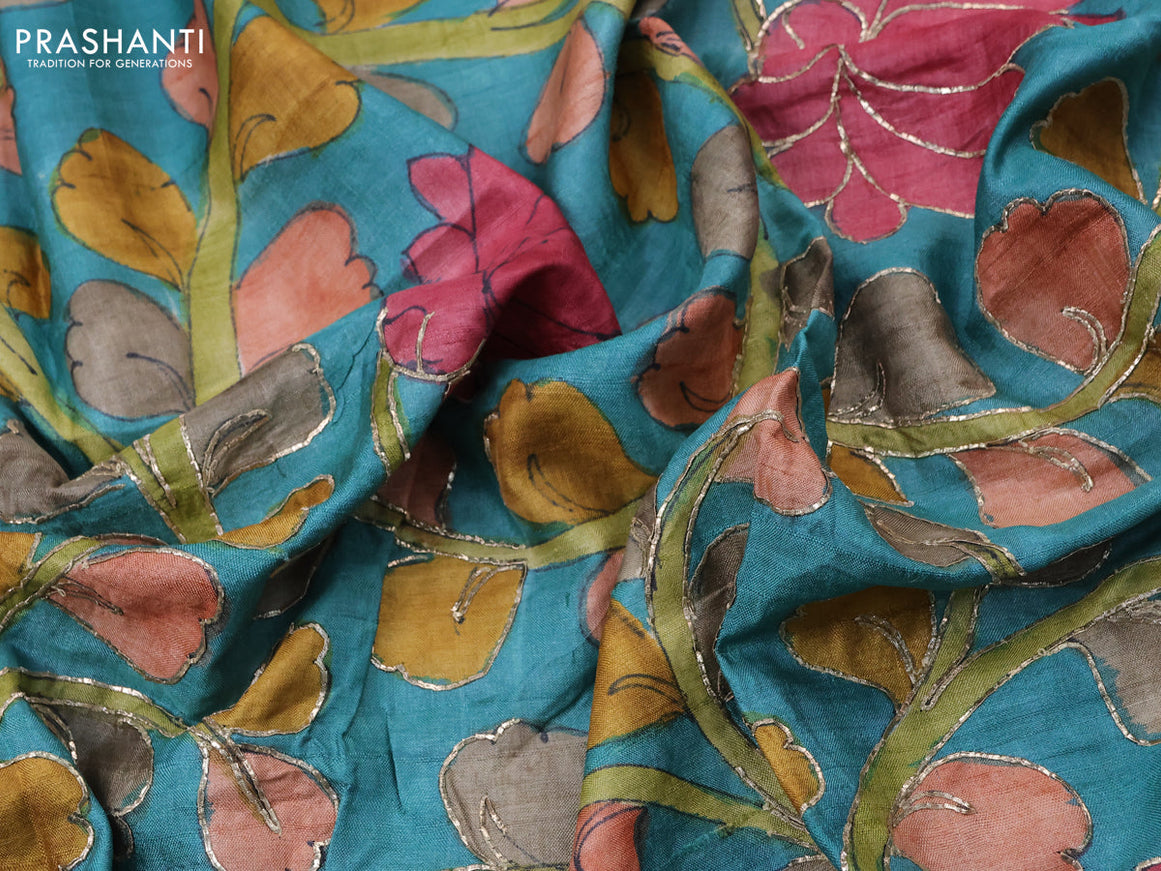 Tussar hand painted blouse bit teal blue with allover kalamkari prints & pita work