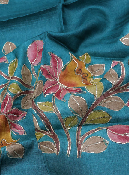 Tussar hand painted blouse bit teal green with allover kalamkari prints & pita work