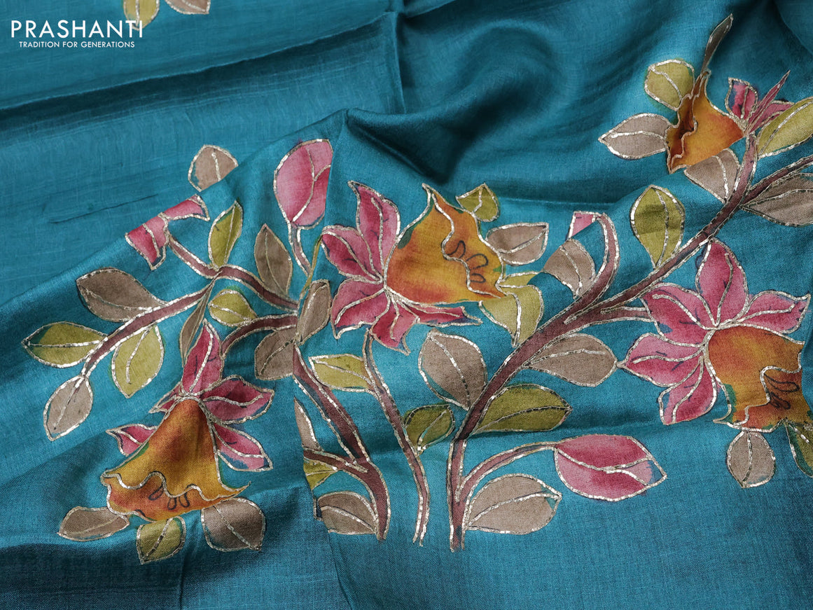 Tussar hand painted blouse bit teal green with allover kalamkari prints & pita work