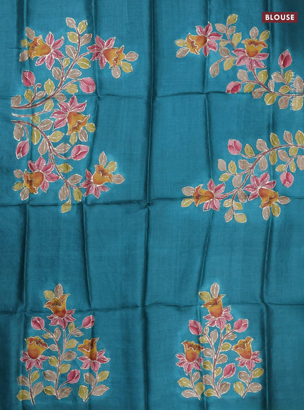 Tussar hand painted blouse bit teal green with allover kalamkari prints & pita work