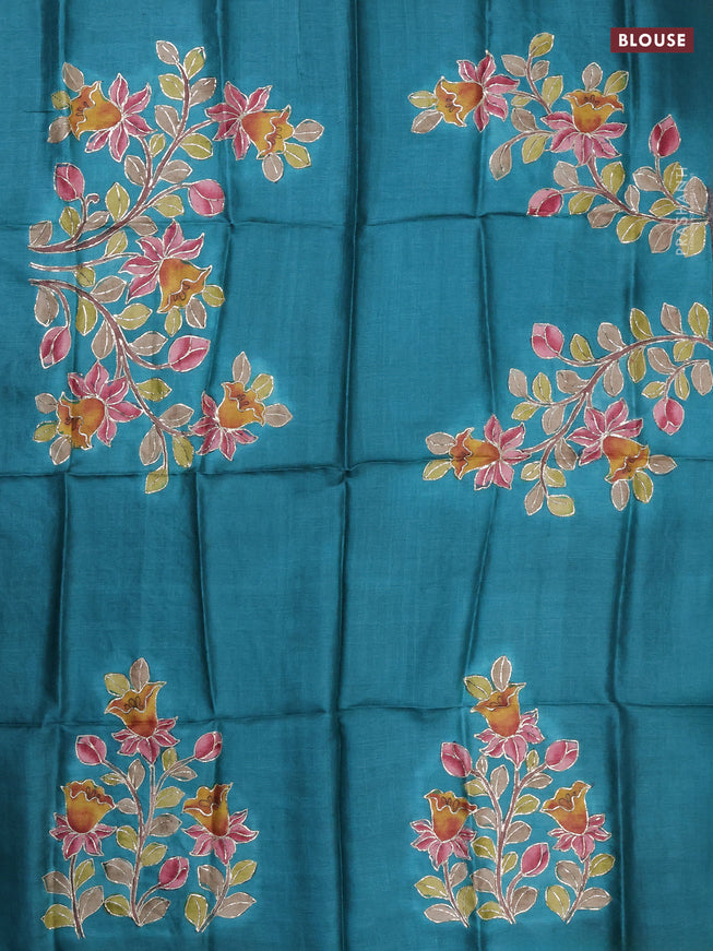 Tussar hand painted blouse bit teal green with allover kalamkari prints & pita work