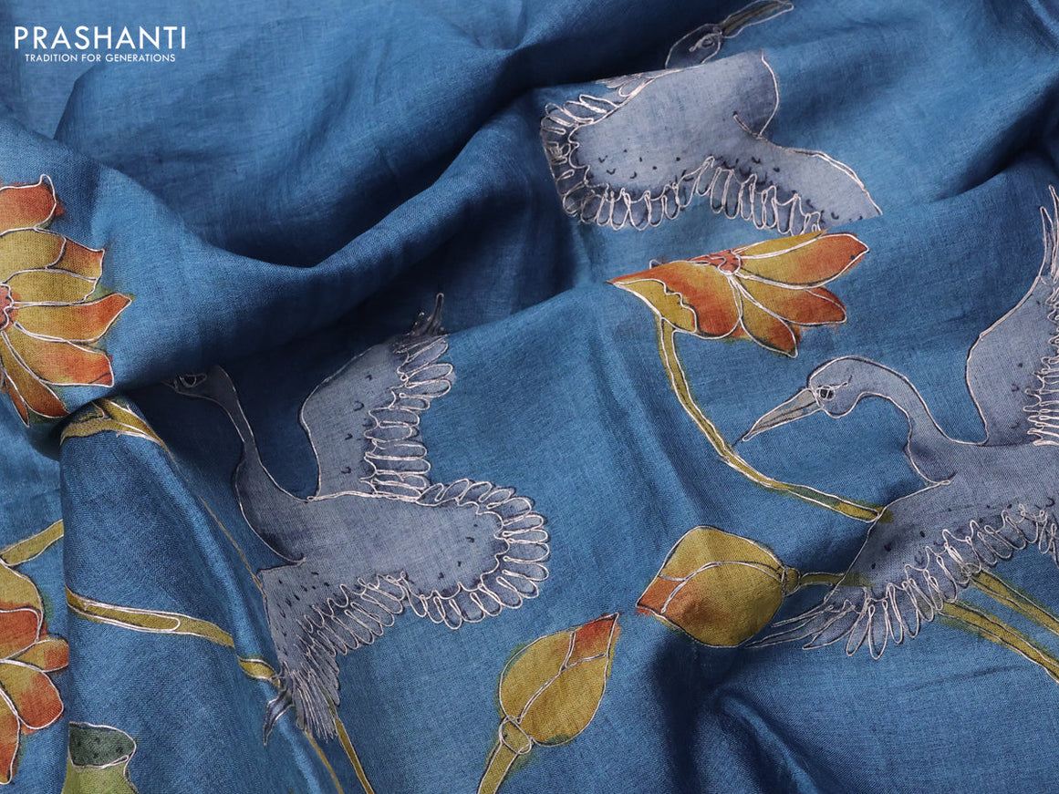 Tussar hand painted blouse bit blue shade with pichwai prints & pita work