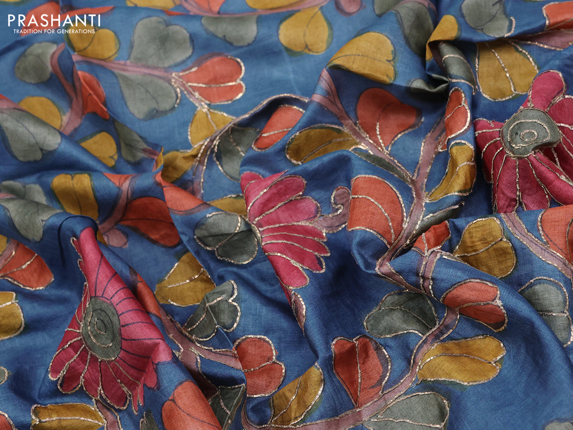 Tussar hand painted blouse bit blue shade with allover kalamkari prints & pita work