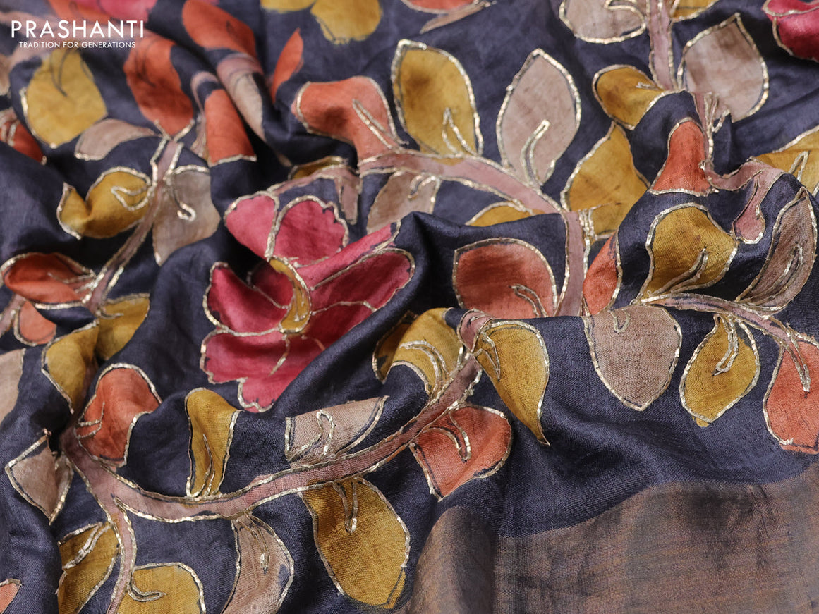 Tussar hand painted blouse bit black with allover kalamkari prints & pita work