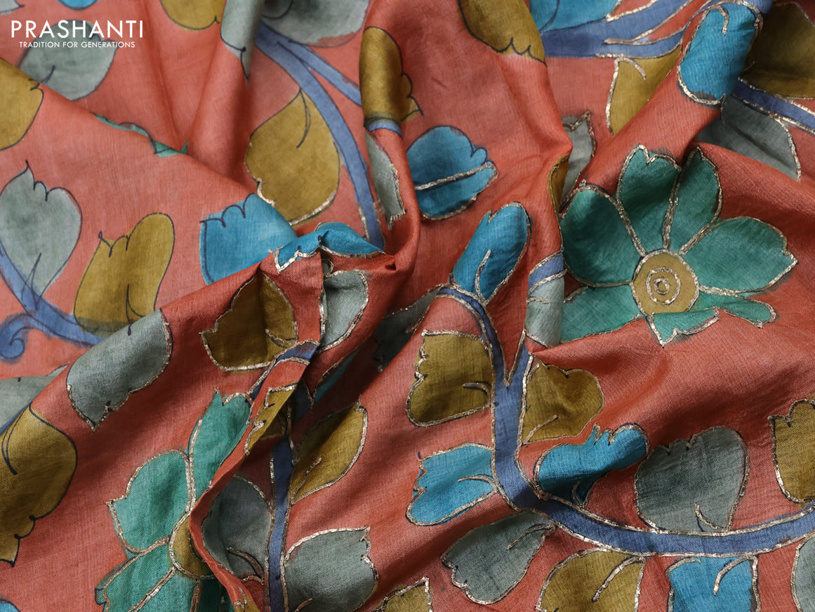 Tussar hand painted blouse bit orange with allover kalamkari prints & pita work