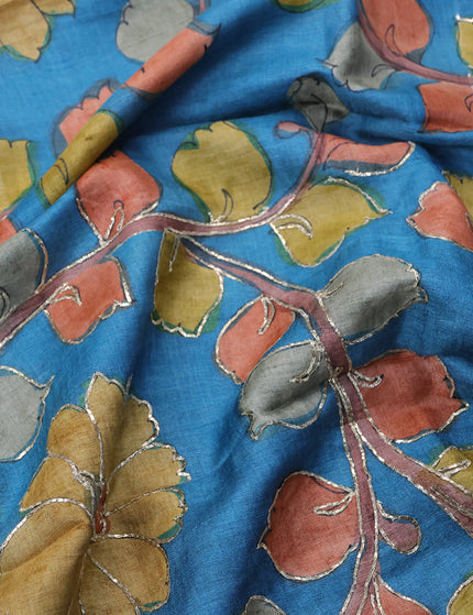 Tussar hand painted blouse bit blue with allover kalamkari prints & pita work