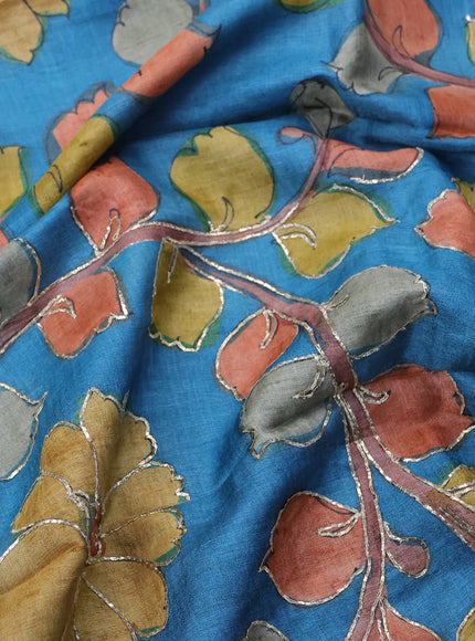 Tussar hand painted blouse bit blue with allover kalamkari prints & pita work