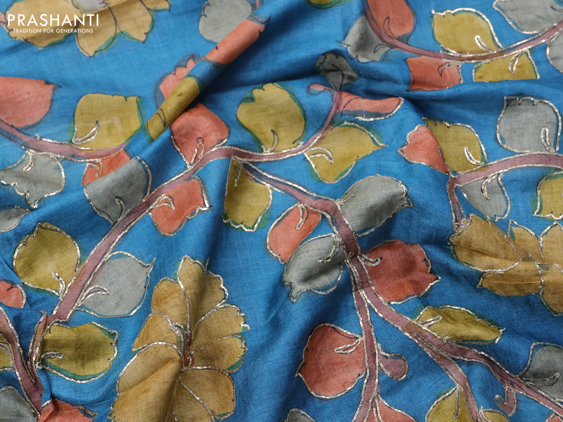 Tussar hand painted blouse bit blue with allover kalamkari prints & pita work