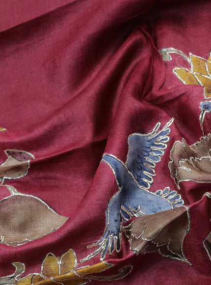 Tussar hand painted blouse bit maroon with allover kalamkari prints & pita work