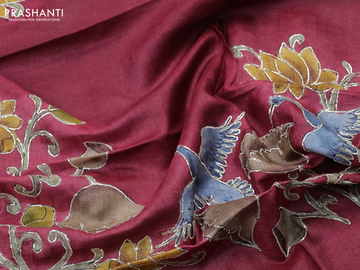 Tussar hand painted blouse bit maroon with allover kalamkari prints & pita work