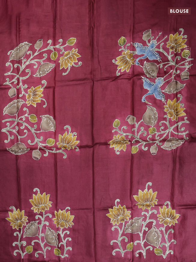 Tussar hand painted blouse bit maroon with allover kalamkari prints & pita work