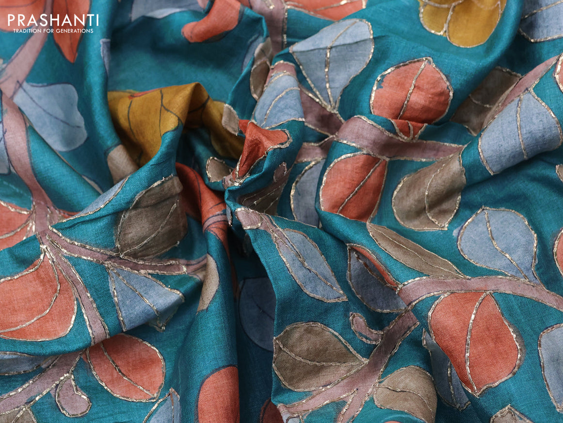 Tussar hand painted blouse bit blue with allover kalamkari prints & pita work