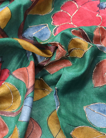 Tussar hand painted blouse bit green with allover kalamkari prints & pita work