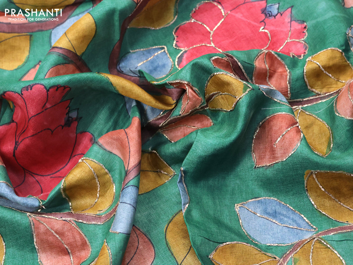 Tussar hand painted blouse bit green with allover kalamkari prints & pita work