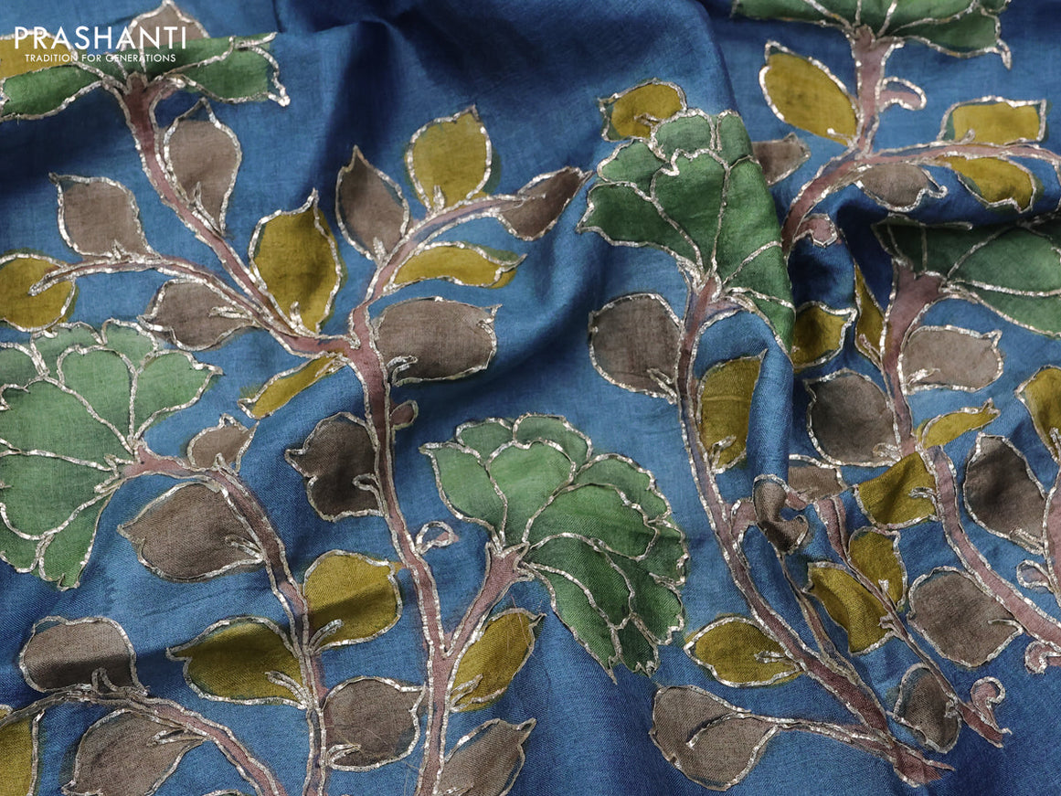 Tussar hand painted blouse bit blue with allover kalamkari prints & pita work