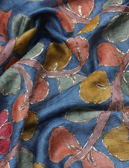 Tussar hand painted blouse bit blue shade with allover kalamkari prints & pita work