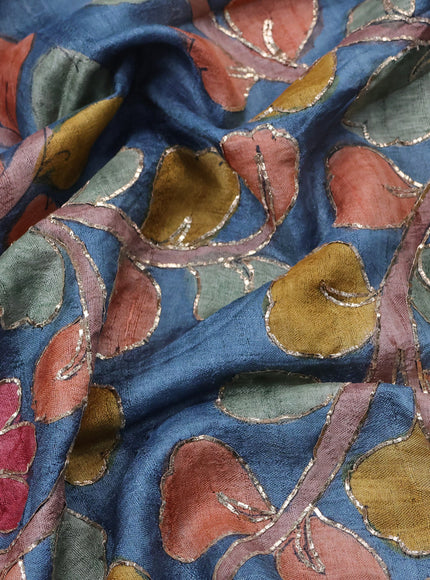 Tussar hand painted blouse bit blue shade with allover kalamkari prints & pita work