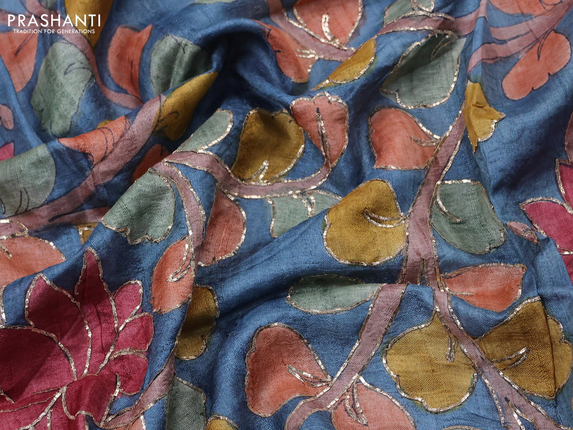 Tussar hand painted blouse bit blue shade with allover kalamkari prints & pita work