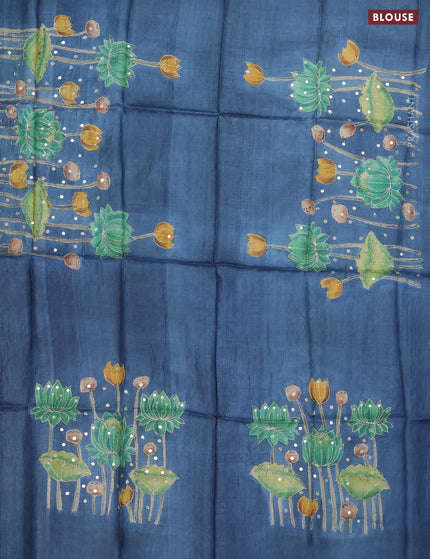 Tussar hand painted blouse bit blue with pichwai prints & sequin pita work