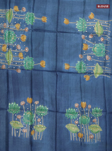 Tussar hand painted blouse bit blue with pichwai prints & sequin pita work