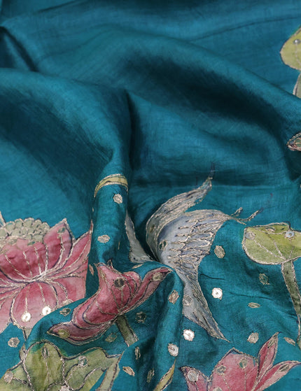 Tussar hand painted blouse bit teal green with pichwai prints & sequin pita work