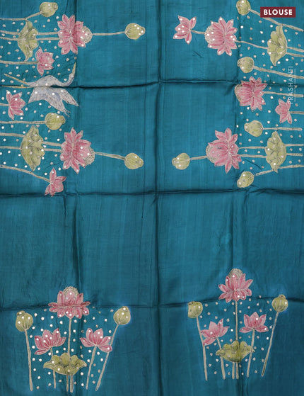 Tussar hand painted blouse bit teal green with pichwai prints & sequin pita work