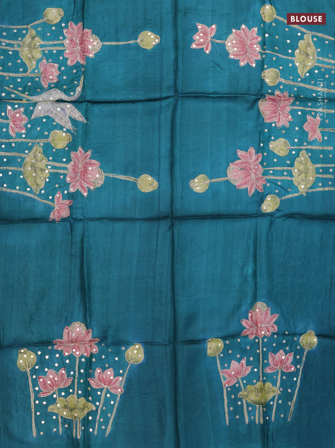 Tussar hand painted blouse bit teal green with pichwai prints & sequin pita work