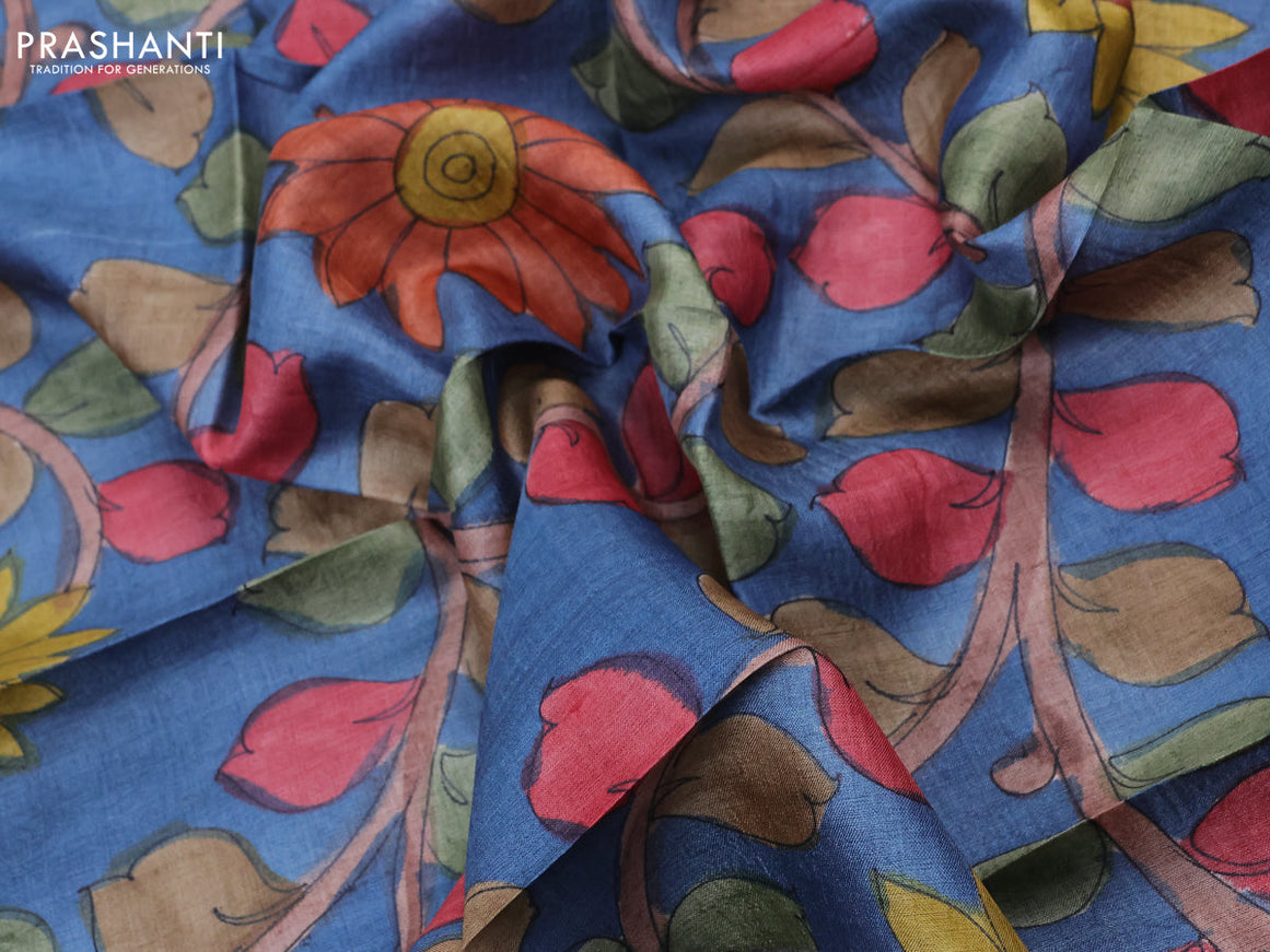 Tussar hand painted blouse bit blue with allover kalamkari prints