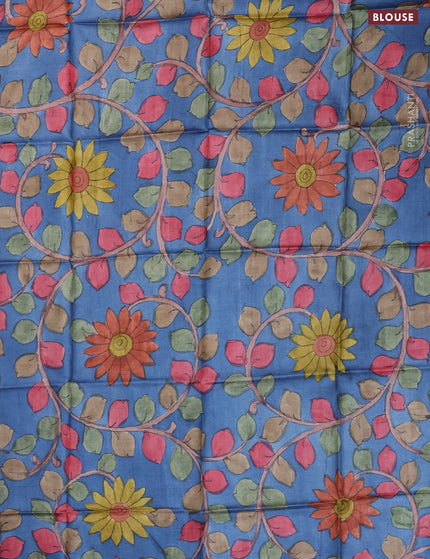 Tussar hand painted blouse bit blue with allover kalamkari prints