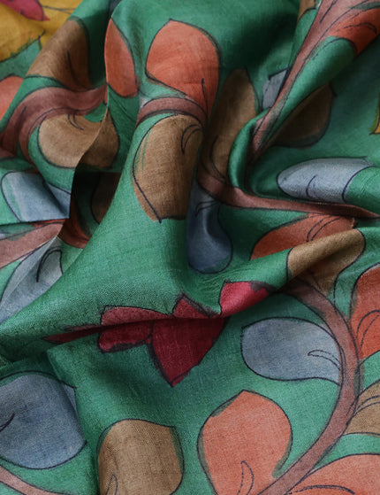 Tussar hand painted blouse bit green with allover kalamkari prints