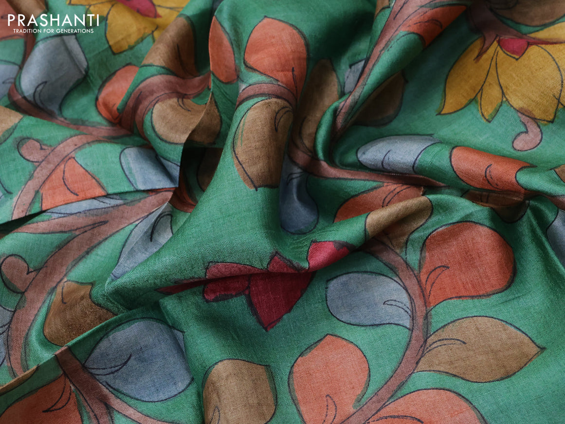 Tussar hand painted blouse bit green with allover kalamkari prints