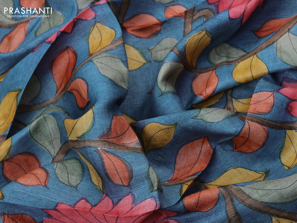 Tussar hand painted blouse bit blue with allover kalamkari prints