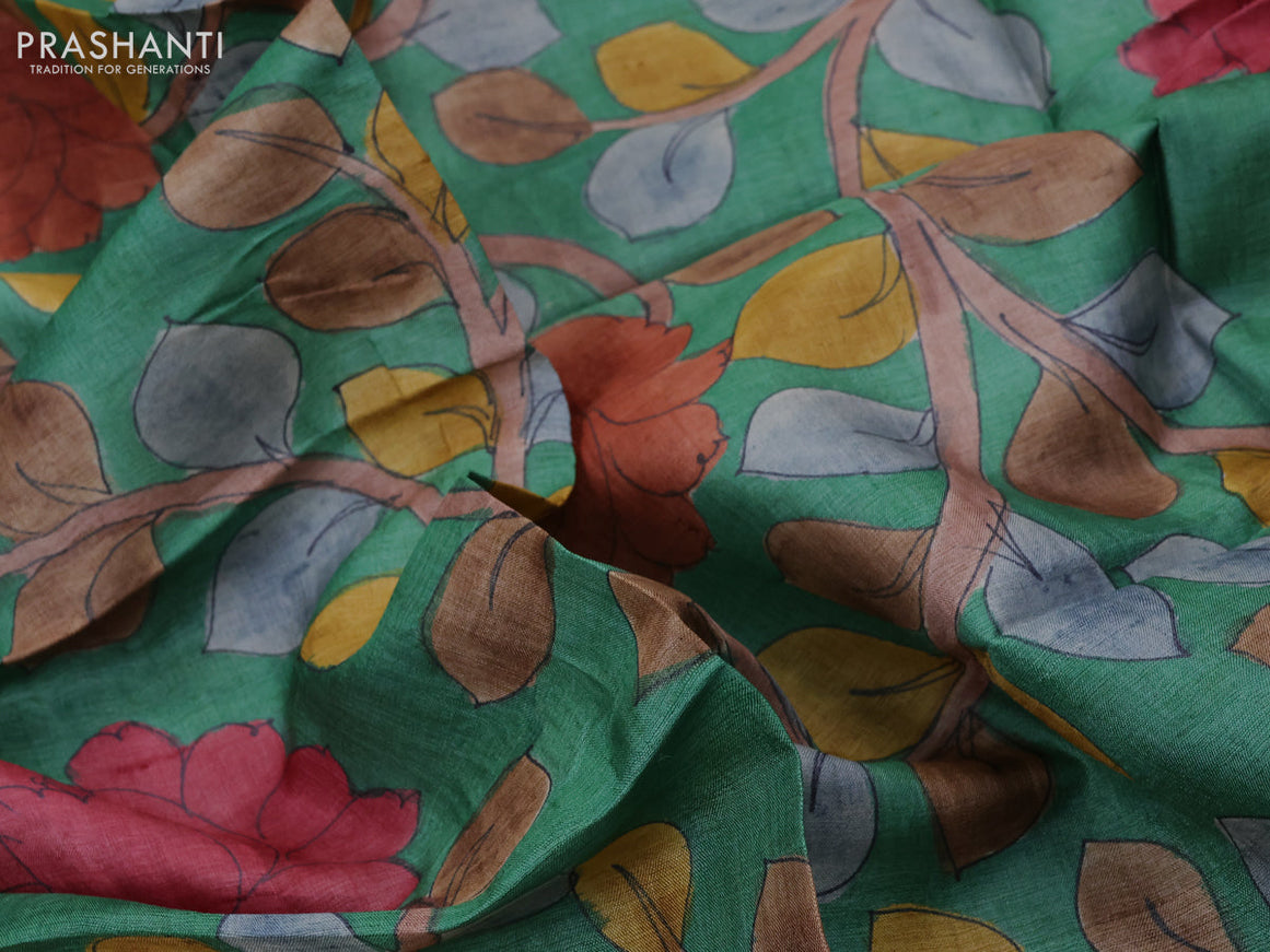 Tussar hand painted blouse bit green with allover kalamkari prints