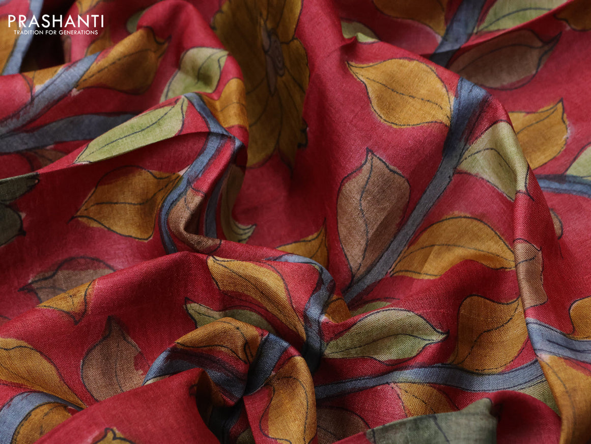 Tussar hand painted blouse bit maroon with allover kalamkari prints