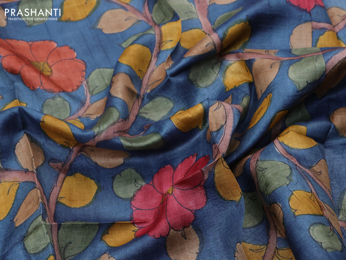 Tussar hand painted blouse bit blue with allover kalamkari prints