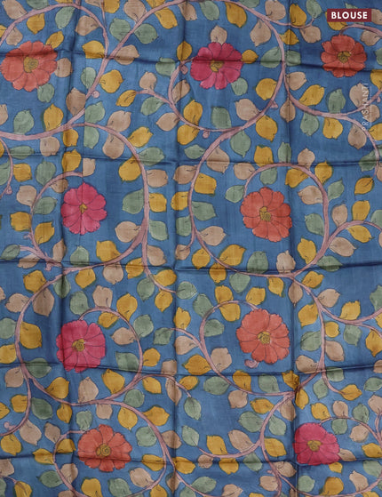 Tussar hand painted blouse bit blue with allover kalamkari prints