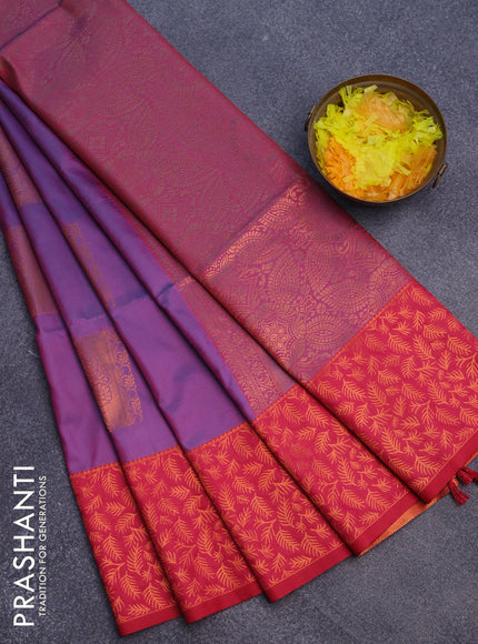 Semi soft silk saree dual shade of violet and pink with box type copper zari buttas and copper zari woven border