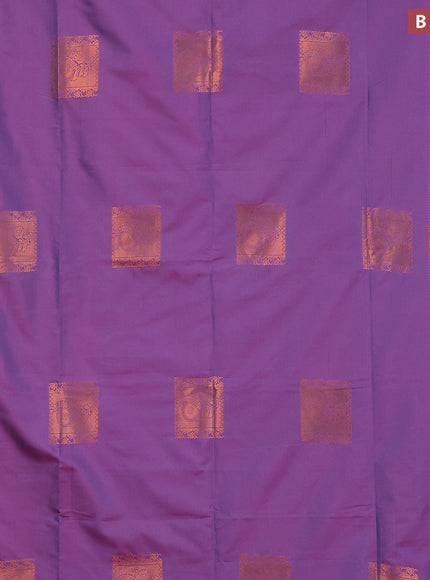 Semi soft silk saree dual shade of violet and pink with box type copper zari buttas and copper zari woven border