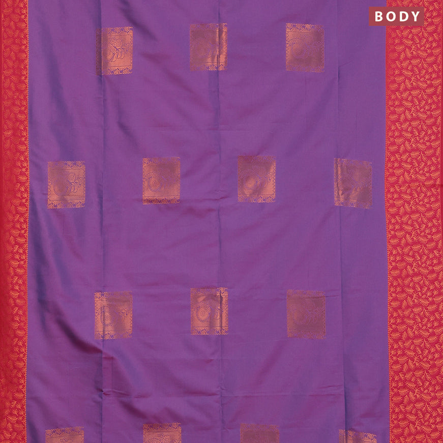 Semi soft silk saree dual shade of violet and pink with box type copper zari buttas and copper zari woven border