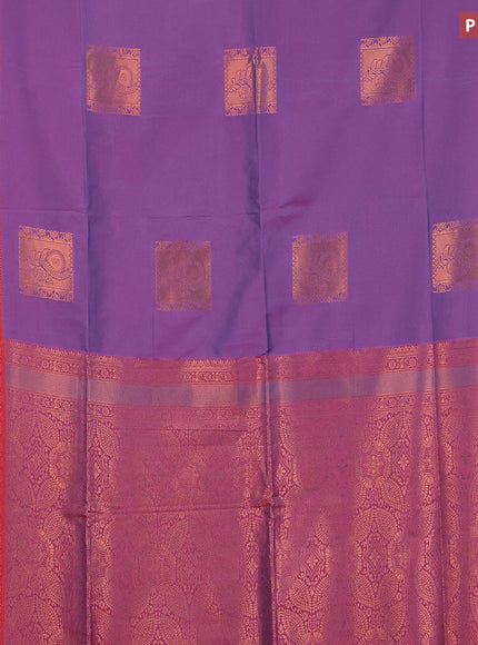 Semi soft silk saree dual shade of violet and pink with box type copper zari buttas and copper zari woven border