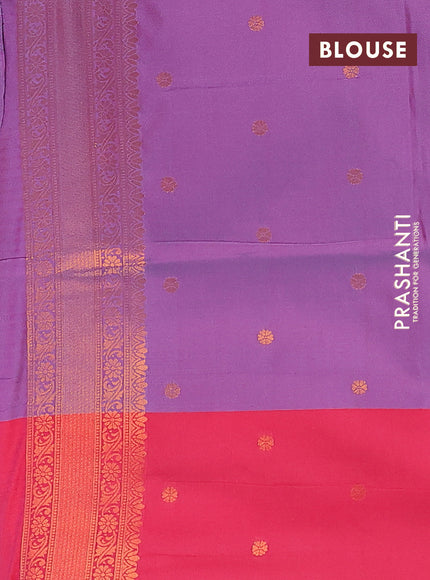 Semi soft silk saree dual shade of violet and pink with box type copper zari buttas and copper zari woven border