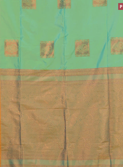 Semi soft silk saree dual shade of teal green and dual shade of mustard yellow with box type copper zari buttas and copper zari woven border