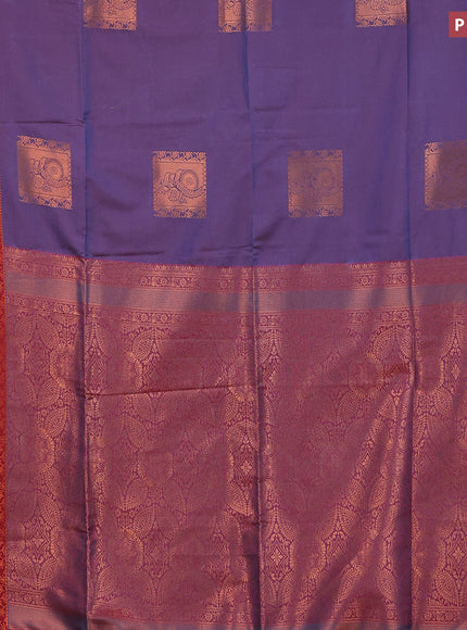 Semi soft silk saree dual shade of bluish red and maroon with box type copper zari buttas and copper zari woven border