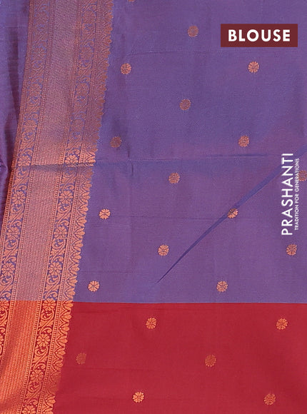 Semi soft silk saree dual shade of bluish red and maroon with box type copper zari buttas and copper zari woven border